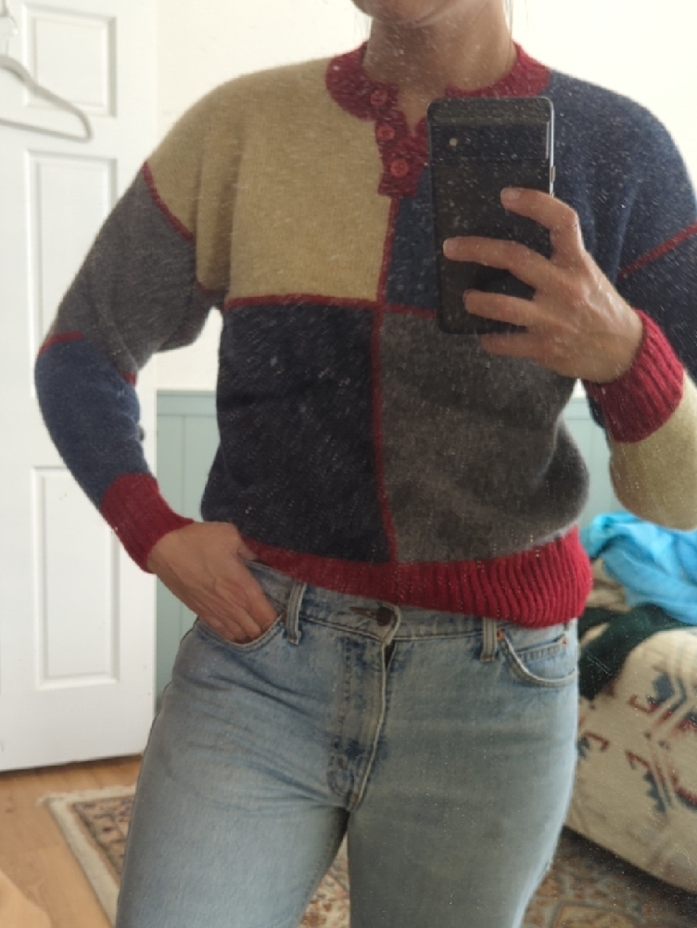 Vintage northern Isles Colorblock Wool Sweater - Multi/Red Trim